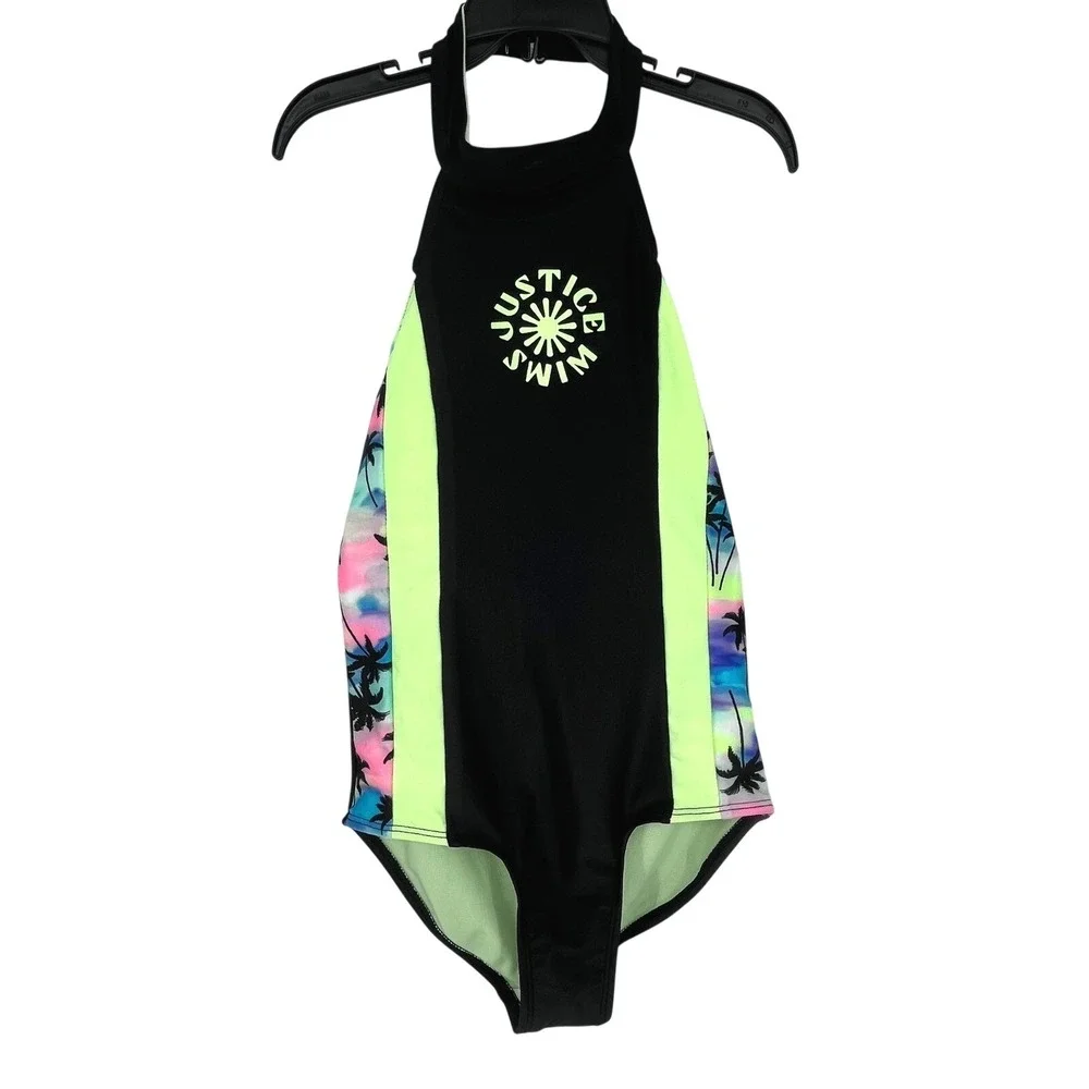 Justice Palm Tree One Piece Swimsuit Girls Size 10 Black Neon Green High Neck